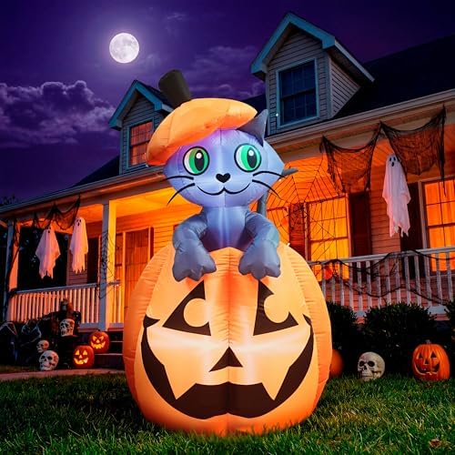 Joiedomi 5 FT Animated Pumpkin Inflatables, Outdoor Blow Up Cat On Pumpkin wi...