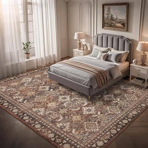 Vintage Living Room Rugs 9x12: Brown Soft Washable Carpet High Traffic Area