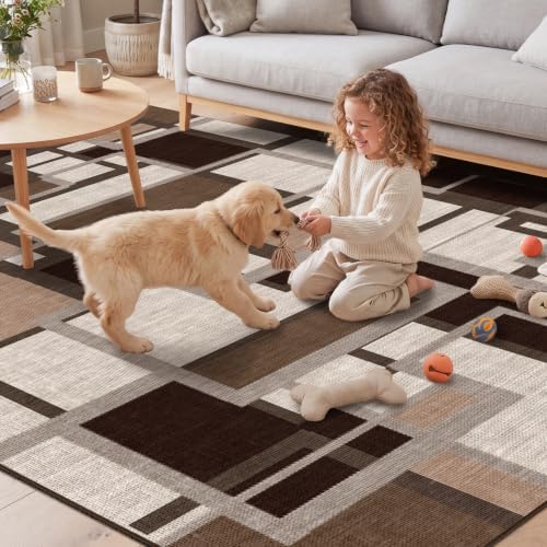 Modern Geometric Area Rug for Living Room, Coffee Brown Washable Rugs 5x7
