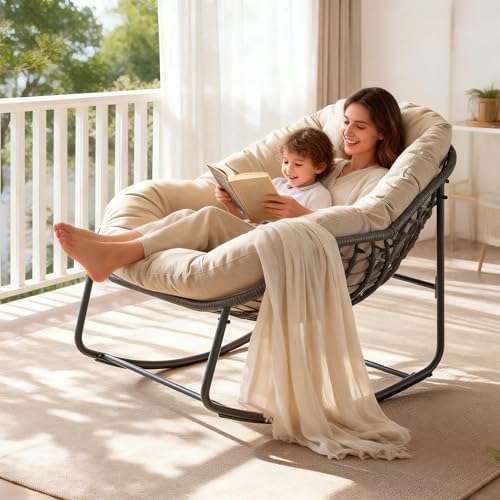 YDcosyfy Oversized Outdoor Papasan Rocking Chair with Soft Cushion, Comfy Pat...