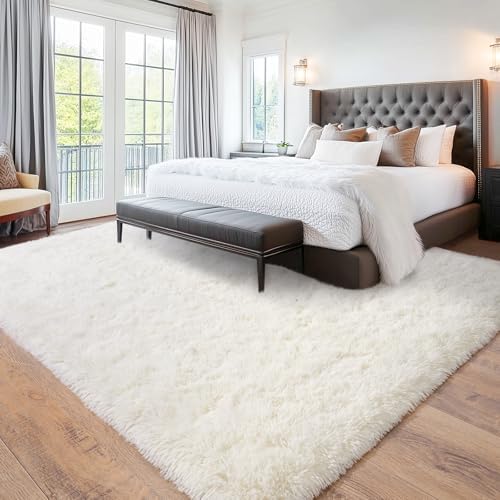 Large Cream White Rugs 8x10, Fluffy Shag Living Room Area Rugs