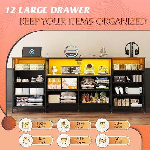 WLIVE Dresser TV Stand for 75 Inch TV, 12 Drawer LED Dresser, Rustic Brown