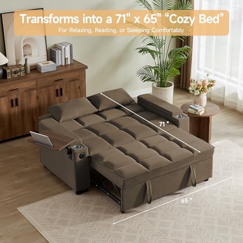 hansones 66" Multi-Functional Pull-Out Sofa Bed with Hidden Side Table, ...