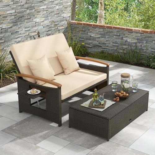 LDAILY Moccha Outdoor Wicker Daybed, Patio Rattan Loveseat Sofa w/ 4-Level Ad...