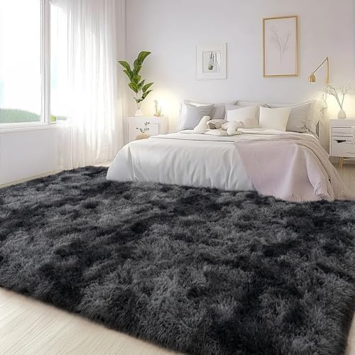 Large Area Rugs for Living Room Bedroom 8x10 Black Grey Shag Rugs