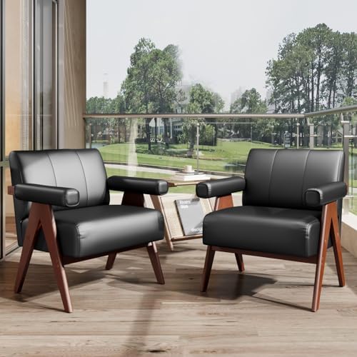STHOUYN Leather Accent Chairs, Living Room Chair with Wooden Legs (Black)