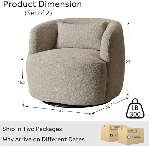 KINWELL 34" W Boucle Swivel Barrel Chairs with Pillow Set of 2, Taupe