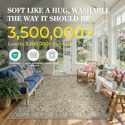 LIVEBOX 8x10 Neutral Area Rugs for Living Room, Vintage Floral Non-Slip Washa...