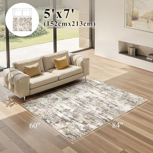 5x7 Area Rugs Living Room Abstract Washable Rug, Gold Brown