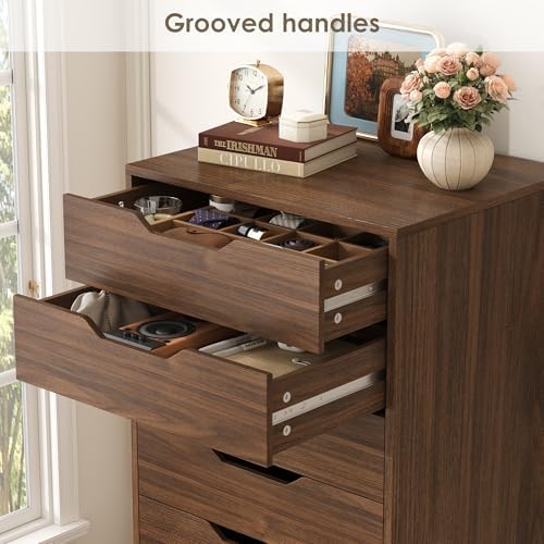 FACBOTALL 44.5" Tall Walnut Dresser, 8 Drawer Dresser with Groove Handles