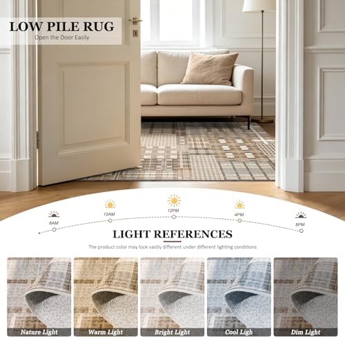 Rezutan Washable Area Rug 8x10, Modern Geometric Plaid, Non-Slip, Beige