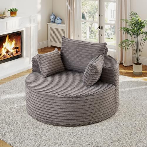 50"W Oversized Round Chaise Lounge Chair Indoor, Upholstered Corduroy De...