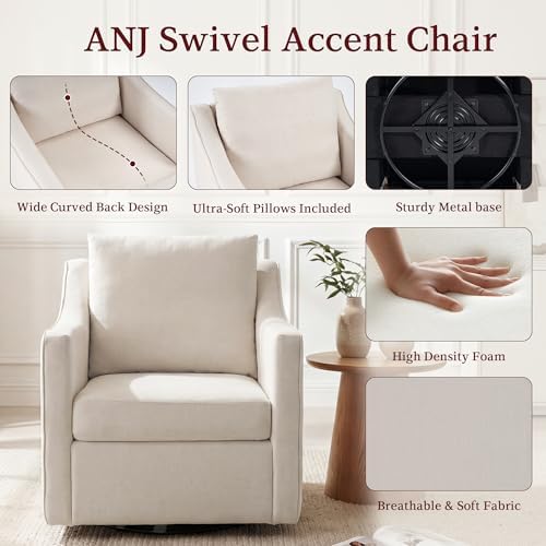 ANJ 360° Swivel Accent Chair, Large Comfy Fabric Reading Chair with Wide Curv...