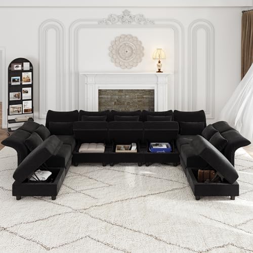 LLappuil U Shaped Sectional Couch with Storage, 9 Seater Modular Sectional Sofa for Living Room with Adjustable Arms Backs, Thick Plush Cushions, Black Chenille