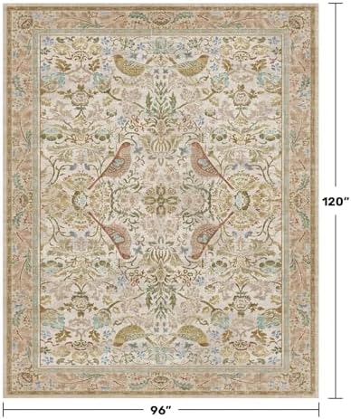 Washable Living Room Rug 8x10 - Country Style Beige Floral Area Rugs for Bedr...