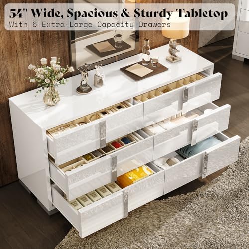 AMERLIFE 6 Drawer Dresser, Modern Storage Chest, High Gloss Finish, White