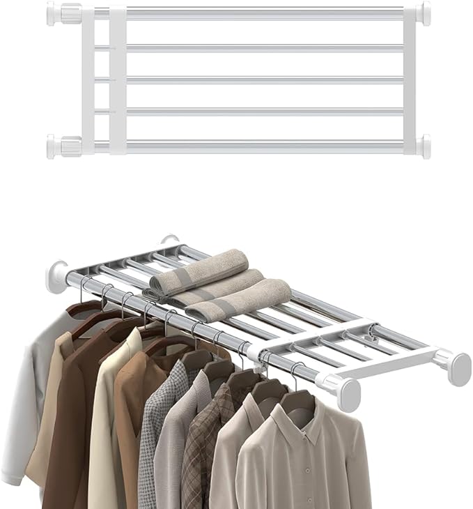Hershii Expandable Shelf Rod Closet System 5-Bar Telescopic Heavy Duty Clothes