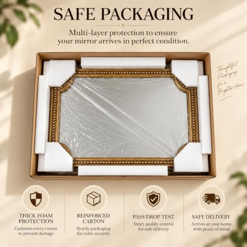 Gold Rectangle Wall Mirror, 40x30 Inch Scalloped Beaded Frame for Bathroom