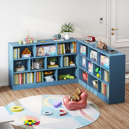 IOTXY Open Shelf Low Bookcase - Wooden 3-Tier Cube Bookshelf, Bright Blue