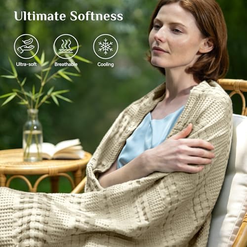 BEDELITE Linen Beige Cooling Waffle Blanket Queen Size for Bed, 90x90 Inch