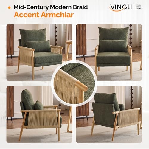 VINGLI Boho Braid Accent Armchair,Mid-Century Modern Chiar with Solid Wooden ...