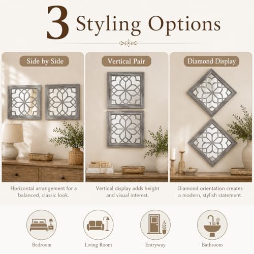Boho Wall Mirror Decor, Set of 2 Rustic Farmhouse Accent Mirrors 12x12 Inch, ...