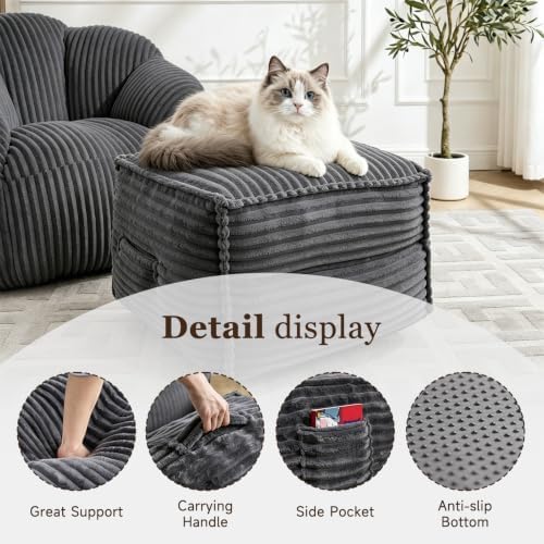 Square Stuffed Pouf Ottoman with Foam Chunk Filling, Darkgray
