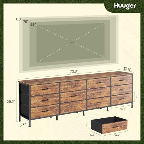 Huuger 70 Inch Dresser for Bedroom, TV Stand for 65, 75, 80 Inch TV, 12 Fabri...