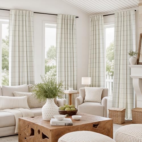 DriftAway 100% Blackout Plaid Linen Curtains 84 Inches Long 2 Panels Taupe