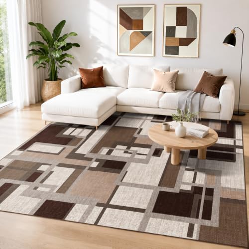 Modern Geometric Area Rug for Living Room, Coffee Brown Washable Rugs 5x7