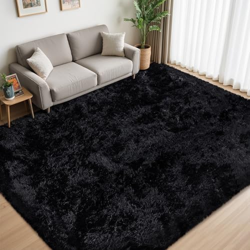 8x10 Area Rug for Living Room,Black Fluffy Shag Non-Slip Bedroom Rugs