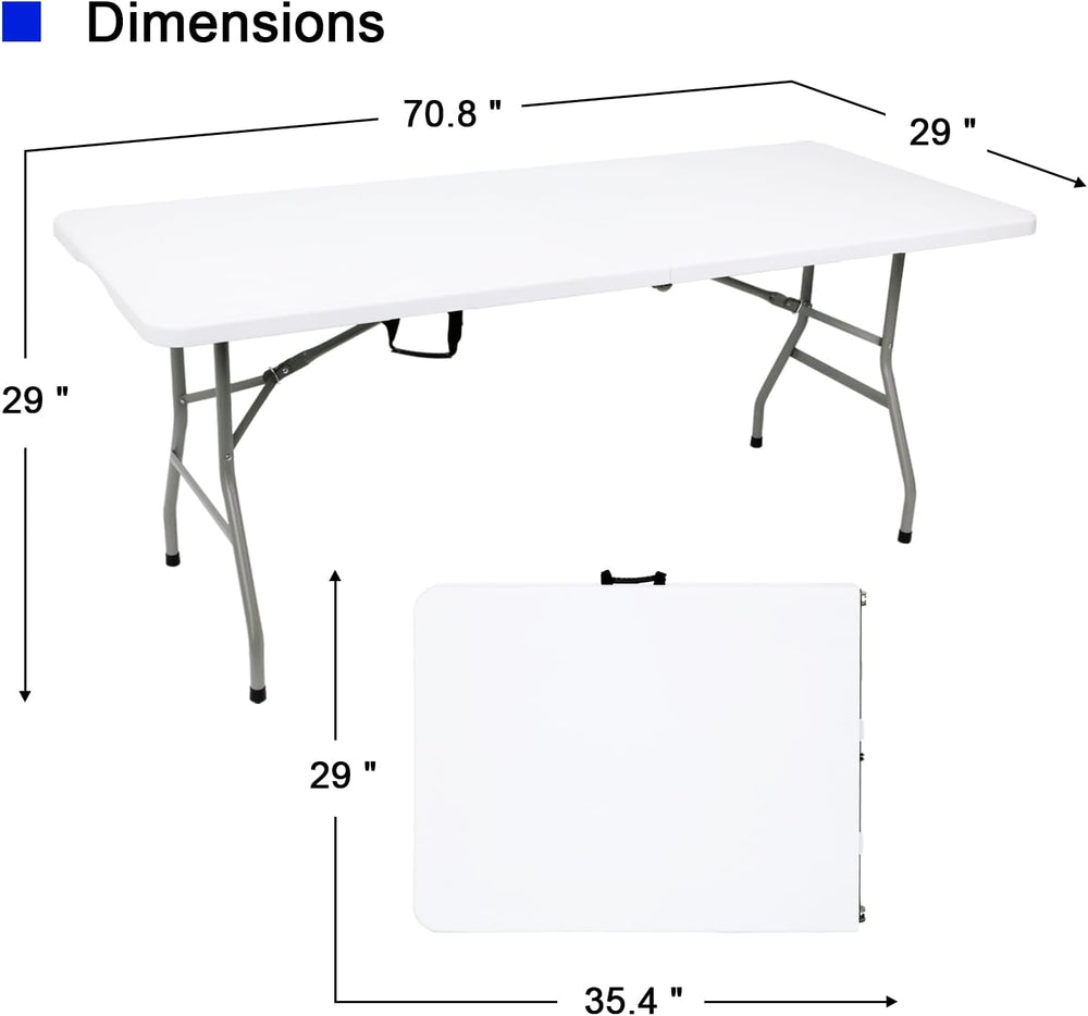 70.8" W X 29" D X 29" H - 6 ft Folding Table White Portable He...
