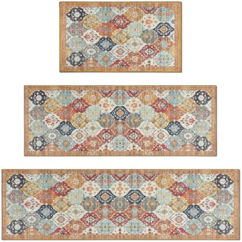 3-Piece Colorful Boho Rug Set - Washable Moroccan Ogee Area Rugs, Non-Slip Lo...