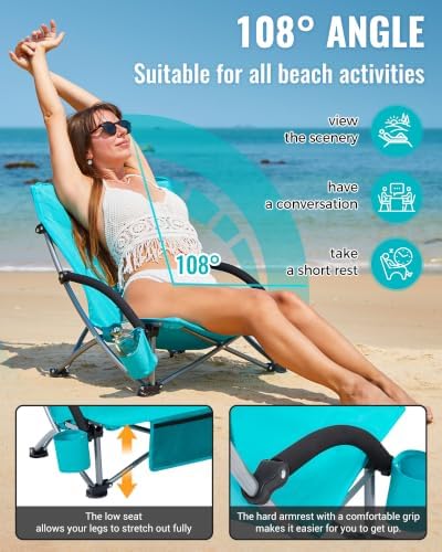 KingCamp Low Beach Chairs 2 Pack, Folding Portable Chairs for Adults