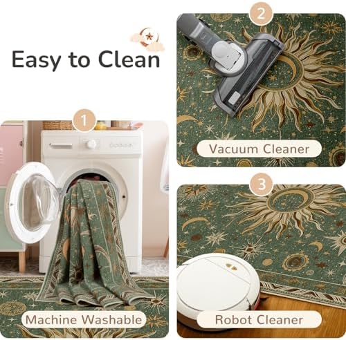 Vacuum-Friendly, 5x7 Washable Area Rug, Green Brown