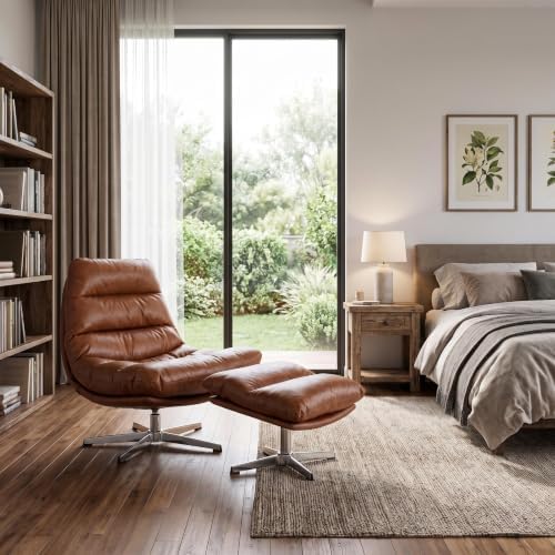 HNY Brown Swivel Lounge Chair with Ottoman Modern PU Leather Accent Chair wit...