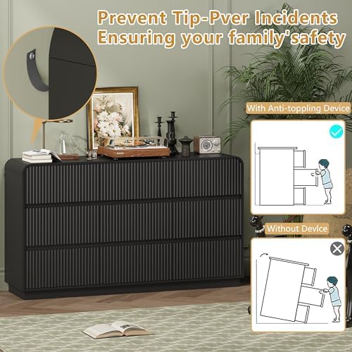 Wodeer Black Dresser Fluted 9 Drawers Dresser for Bedroom, 59" Wide Wood...