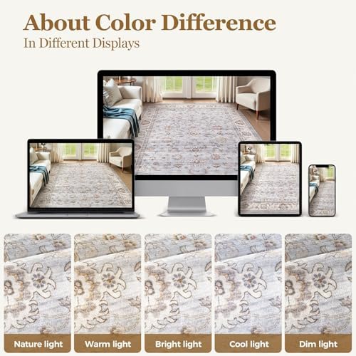 WITSHOCK Washable Area Rug 10x14 Non-Slip Floral Carpet, Gray/Light Blue