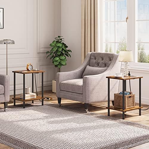 HOOBRO Side Table with Charging Station, Set of 2 End Tables with USB Port an...