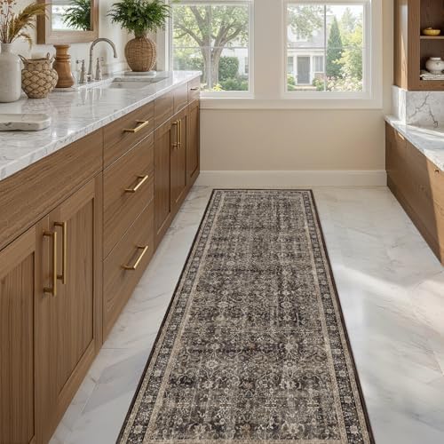 Washable Hallway Runner Rug 2'x6', Vintage MCM, Black/Brown/Beige