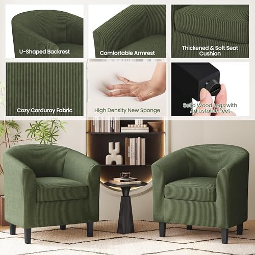 Yaheetech Accent Chairs, Corduroy Barrel Armchairs, Dark Green