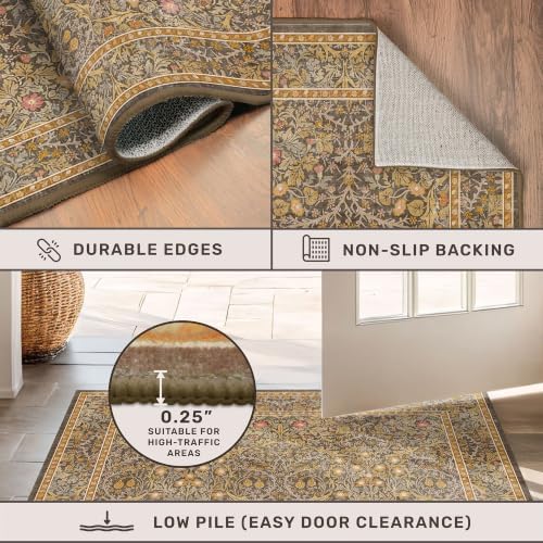 Vintage Floral Living Room Rug 8x10, Gold Brown Washable Area Rugs for Bedroo...