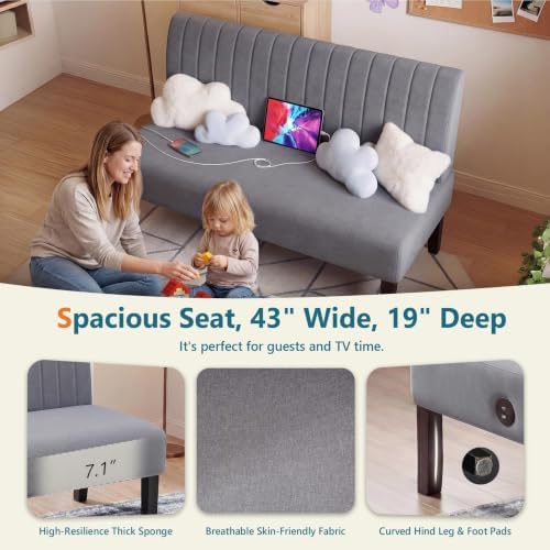 Armless Accent Chair Loveseat, Small Sofa, Grey Cotton-Linen, Modern