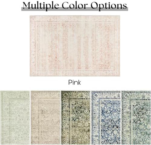 Pink Area Rug 8x10 Low Pile Washable Vintage Large Rugs for Living Room