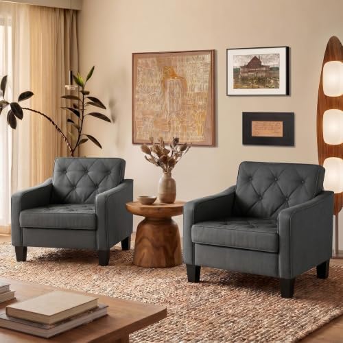 Grey Accent Chairs Set of 2, Wide Comfy Arm Chairs for Living Room, Office