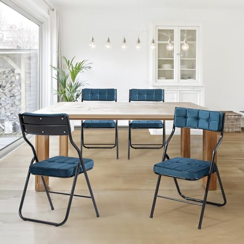 HOMEFUN Padded Folding Chairs, Dining Chair with Cushion, Bule, 4 Pack