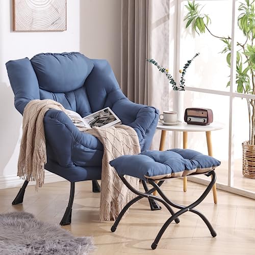 Welnow Lazy Chair with Ottoman, Reading Chair with Footrest,Royal Blue
