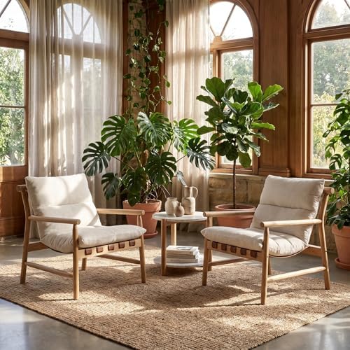 Mid Century Accent Chair, Comfy Side Chair with Solid Wood Frame, Beige