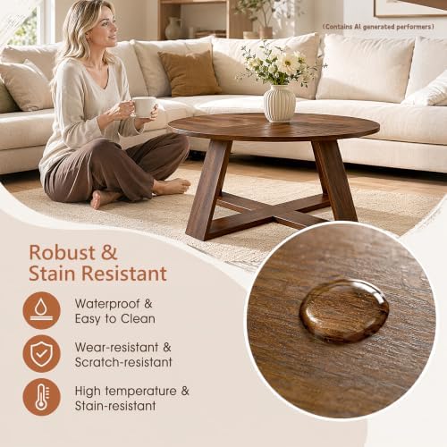HAIOOU Round Coffee Table for Living Room with Open Storage -Walnut Wood