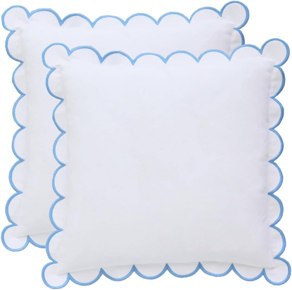 BEBE BASK Scalloped Pillow Cover Set of 2, 18x18, 100% Cotton - White/Blue